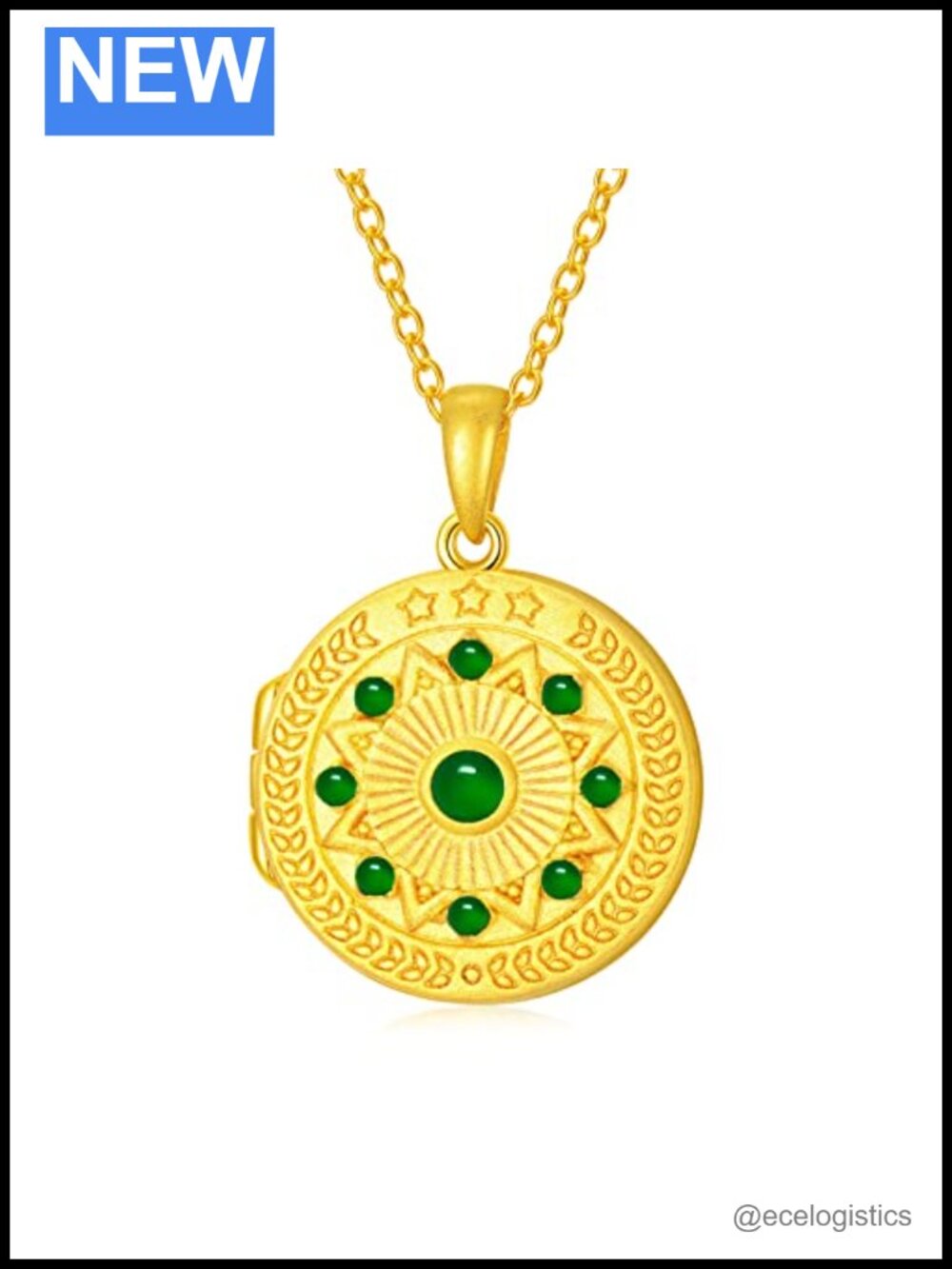 14k gold plated silver round emerald locket necklace 20" 10k gold chain